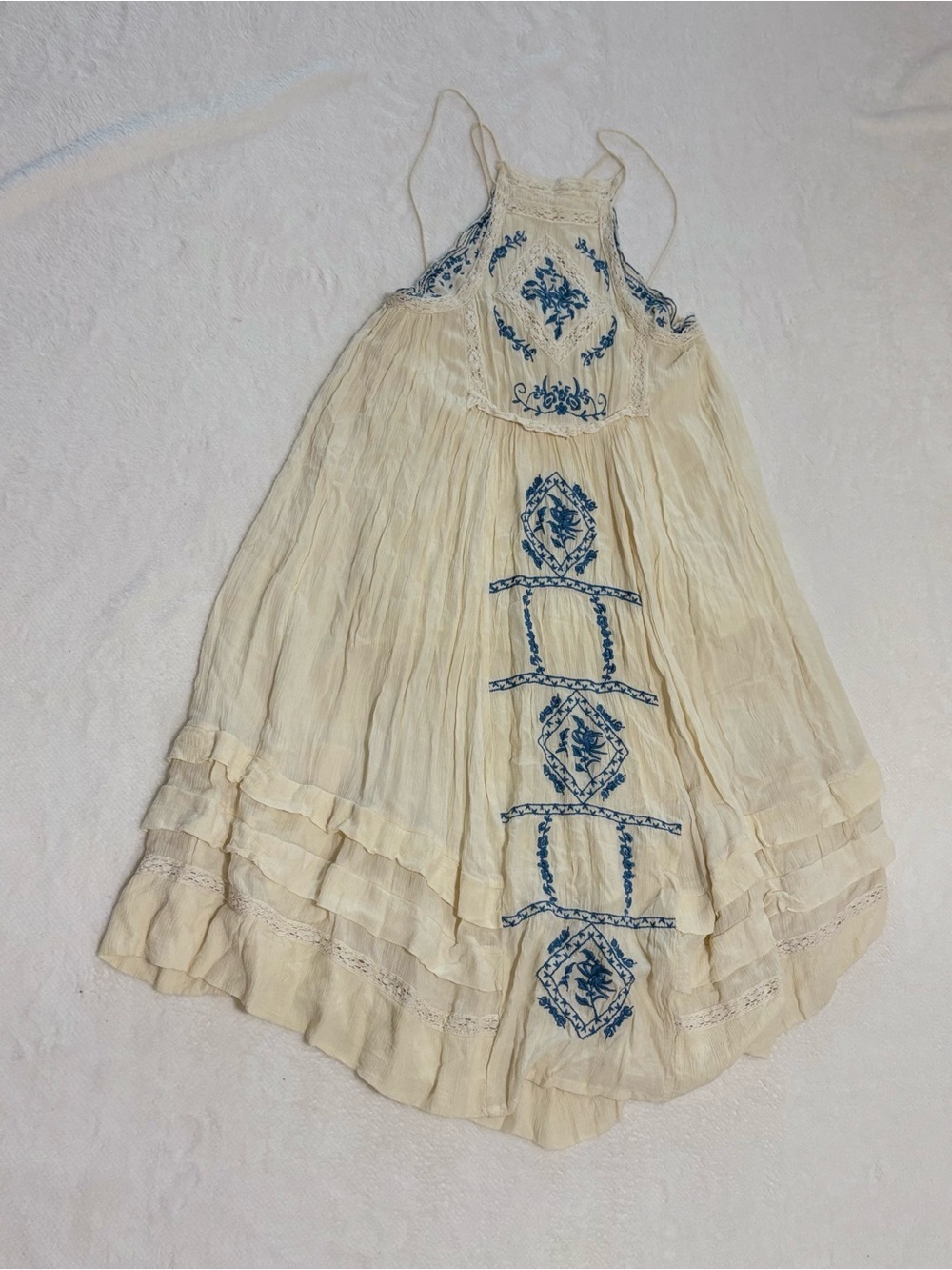 Free People Cream Dress with Blue Embroidery
